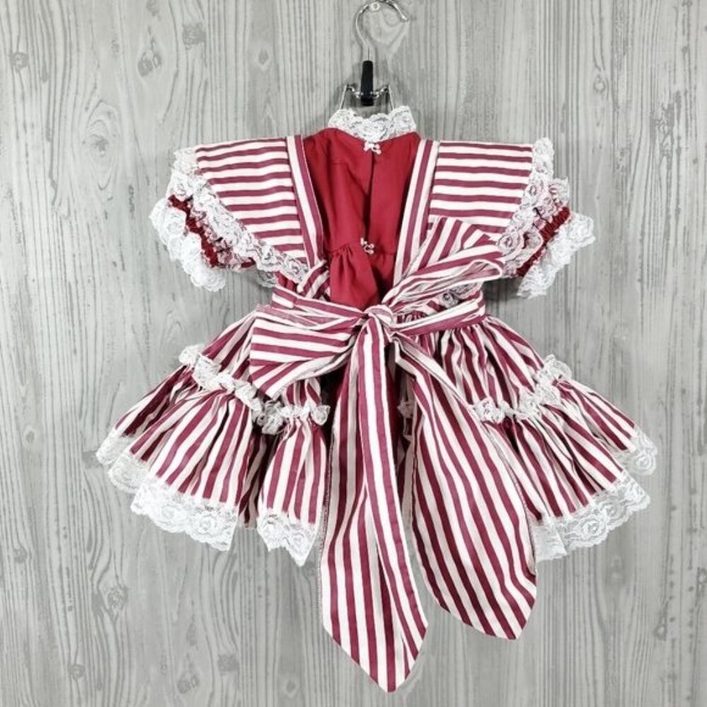 Vintage Lace Full Circle Pinafore Dress Bloomer Set Red Stripe Holiday Twirl - Picture 3 of 10